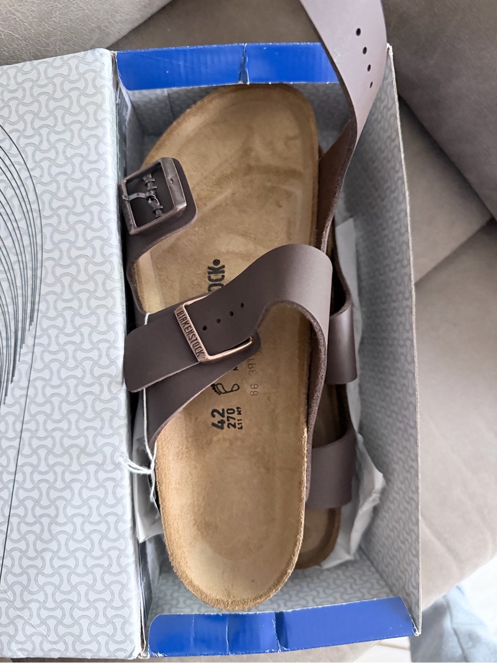 Birkenstock Men's Brown Arizona Two-Strap Slide with Copper Buckles